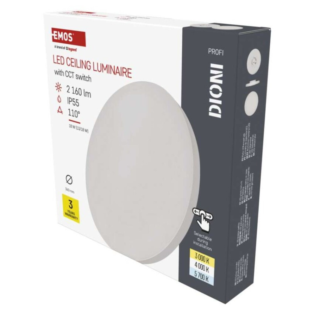 LED felületi lámpatest DIONI kerek, fehér, 18W, CCT, 2160, 220-240V, CRI> 80, IP55, EMOS, ZM7151