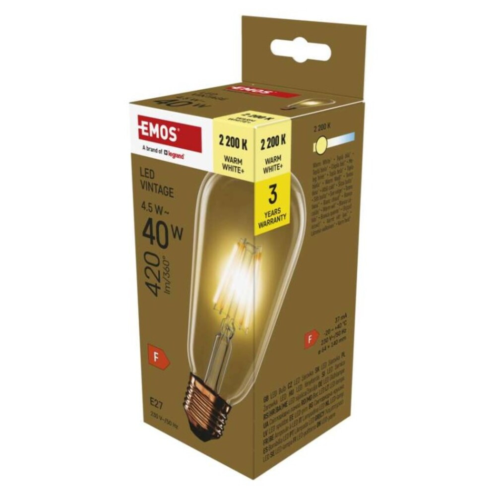 LED izzó Vintage ST64, E27, 4,5 W (40 W), 420 lm, Meleg fehér, 2200K, 230V, CRI>80, EMOS, Z57032
