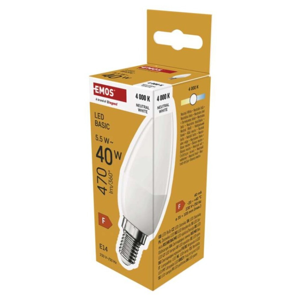 LED izzó Basic gyertya, E14, 5,5 W (40 W), 470 lm, Semleges fehér, 4000K, 230V, CRI>80, Természetes fehér, EMOS, ZL3F23
