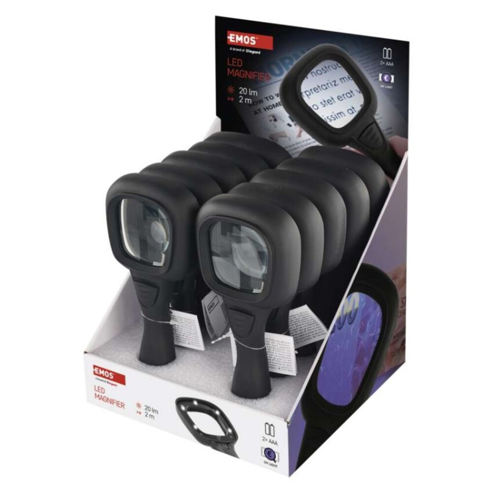 Kézi nagyító LED/UV megvilágítással, 10 db, dobozos kiszerelésben, 20, fekete, EMOS, P4717
