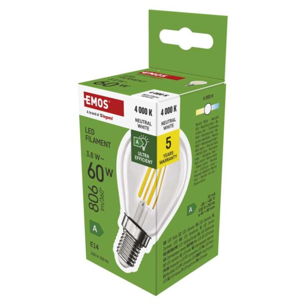 LED izzó Filament Mini Globe A CLASS/ E14, 3,8 W (60 W), 806 lm, Természetes fehér, 4000K, 230V, CRI>80, EMOS, ZF1A43
