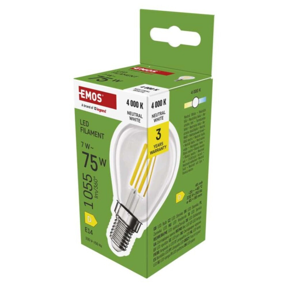 LED izzó Filament Mini Globe , E14, 7 W (75 W), 1055 lm, természetes fehér, 4000K, 230V, CRI>80, EMOS, ZF1D53