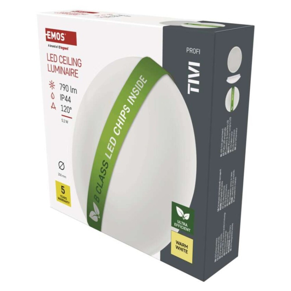 LED mennyezeti lámpatest TIVI, B CLASS, kerek, fehér 5,2W, IP44, Meleg fehér, 3000K, 790, 220–240V, CRI> 80, EMOS, ZM3415