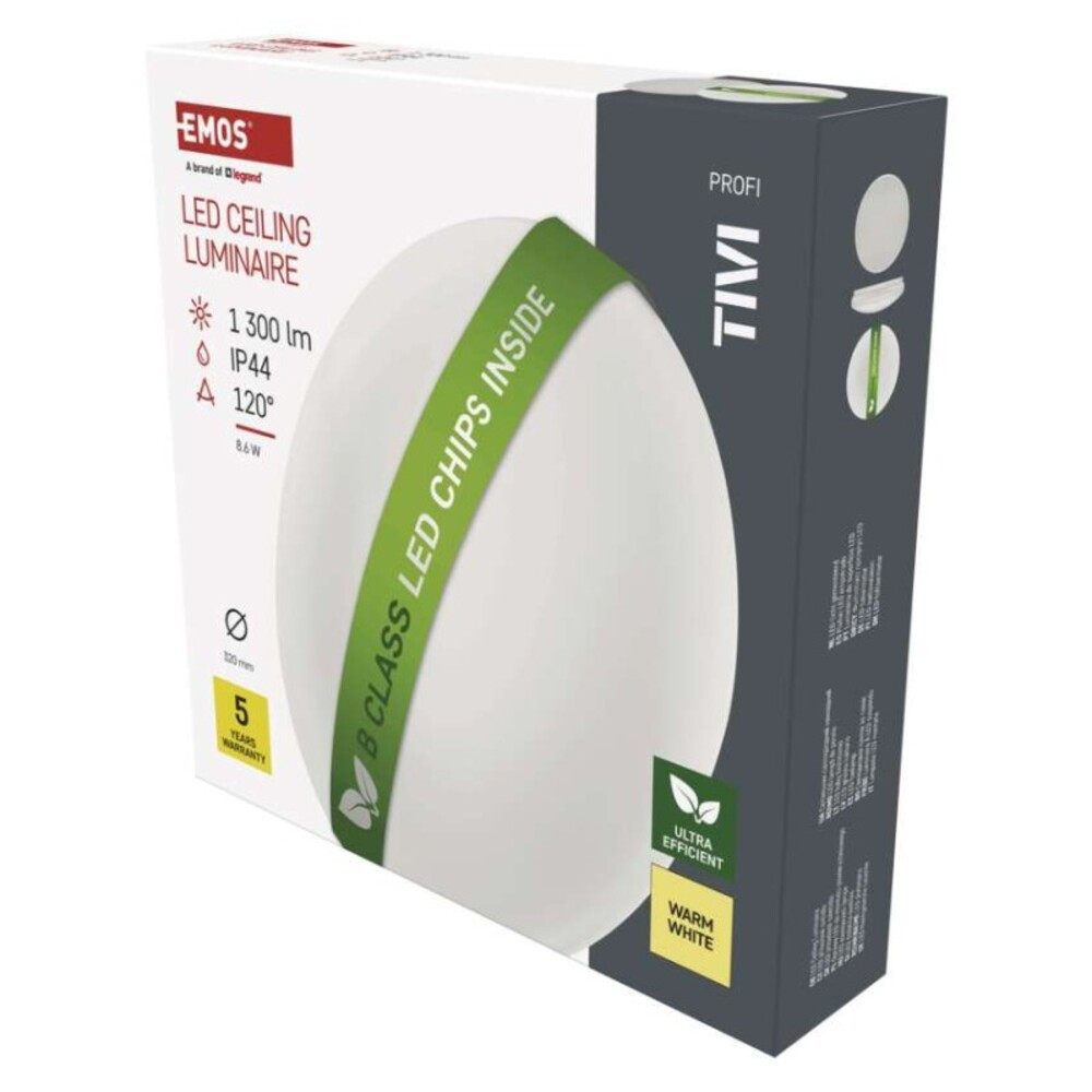LED mennyezeti lámpatest TIVI, B CLASS, kerek, fehér 8,6W, IP44, Meleg fehér, 3000K, 1300, 220–240V, CRI> 80, EMOS, ZM3416