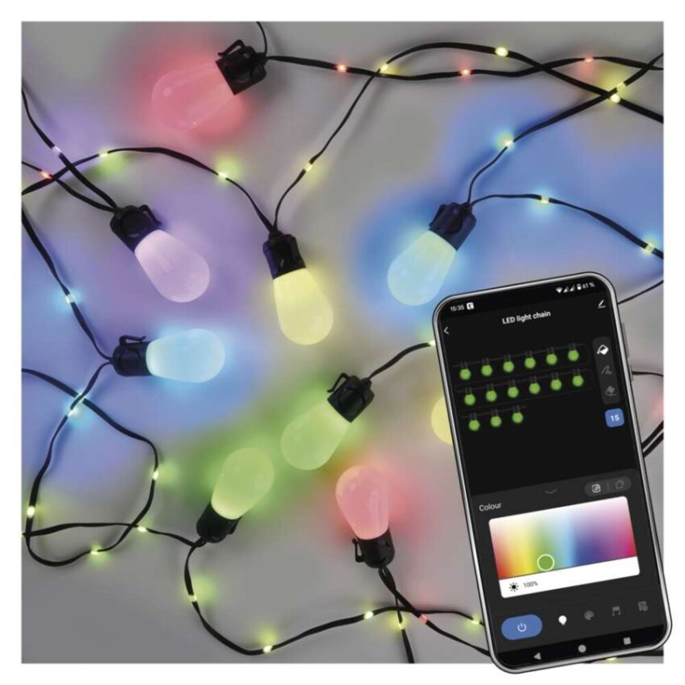 GoSmart LED fényfüzér – 15× parti izzók, 15 m, kültéri és beltéri, RGBIC WiFi, dimmelhető, IP65, EMOS, ZIW17FR