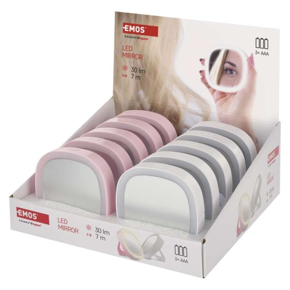 Hordozható sminktükör LED fénnyel 10db, display box, 30, fehér, rózsaszín, EMOS, P4718