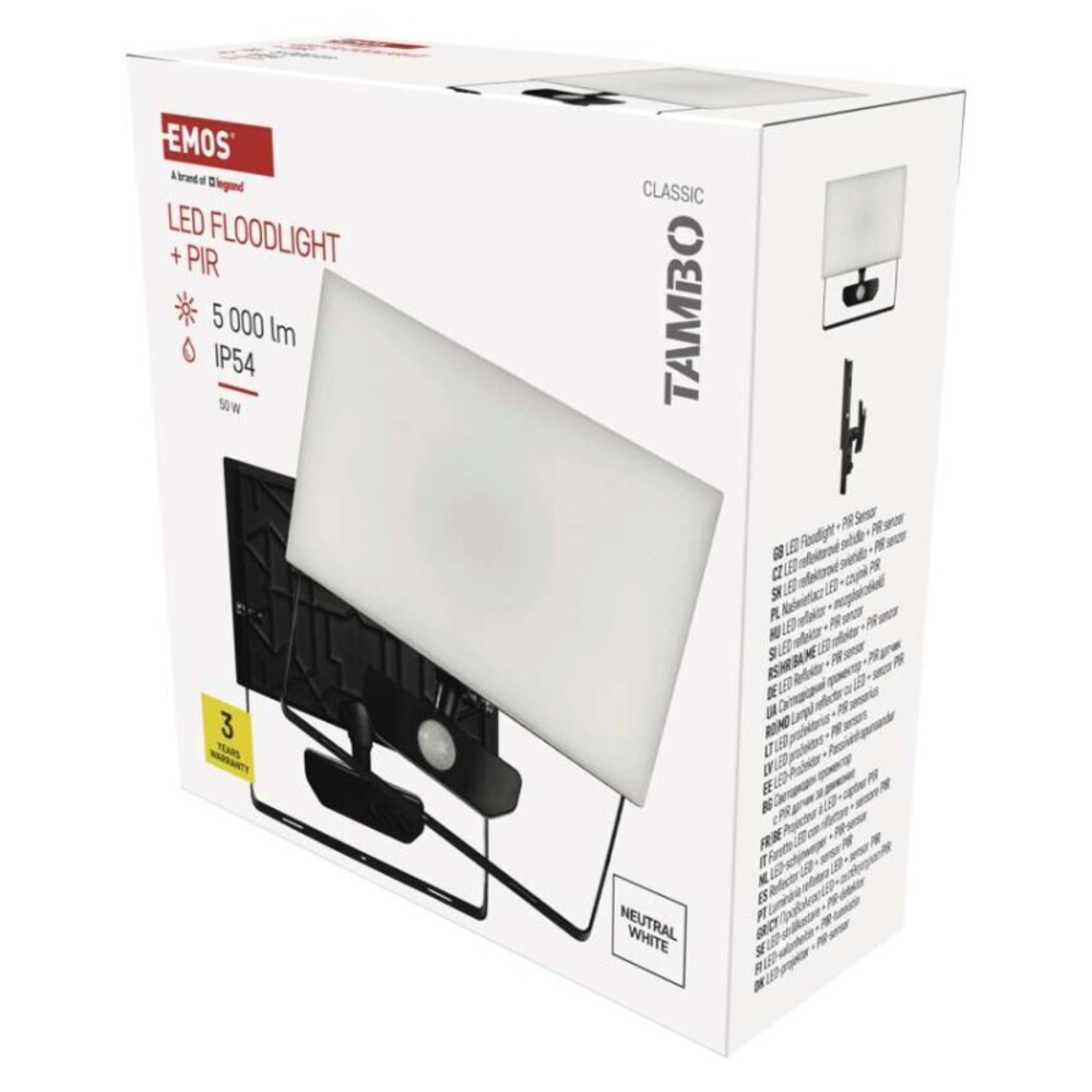 LED-es reflektor TAMBO mozgásérzékelővel, 50 W, 5000 lm, fekete, 4000K, 220-240V, CRI> 80, Természetes fehér, IP54, EMOS, ZS2942