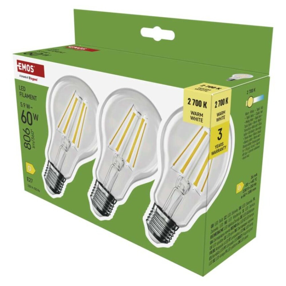 LED izzó Filament A60, E27, 5,9 W (60 W), 806 lm, Meleg fehér, 2700K, 230V, CRI>80, EMOS, ZF5D42.3