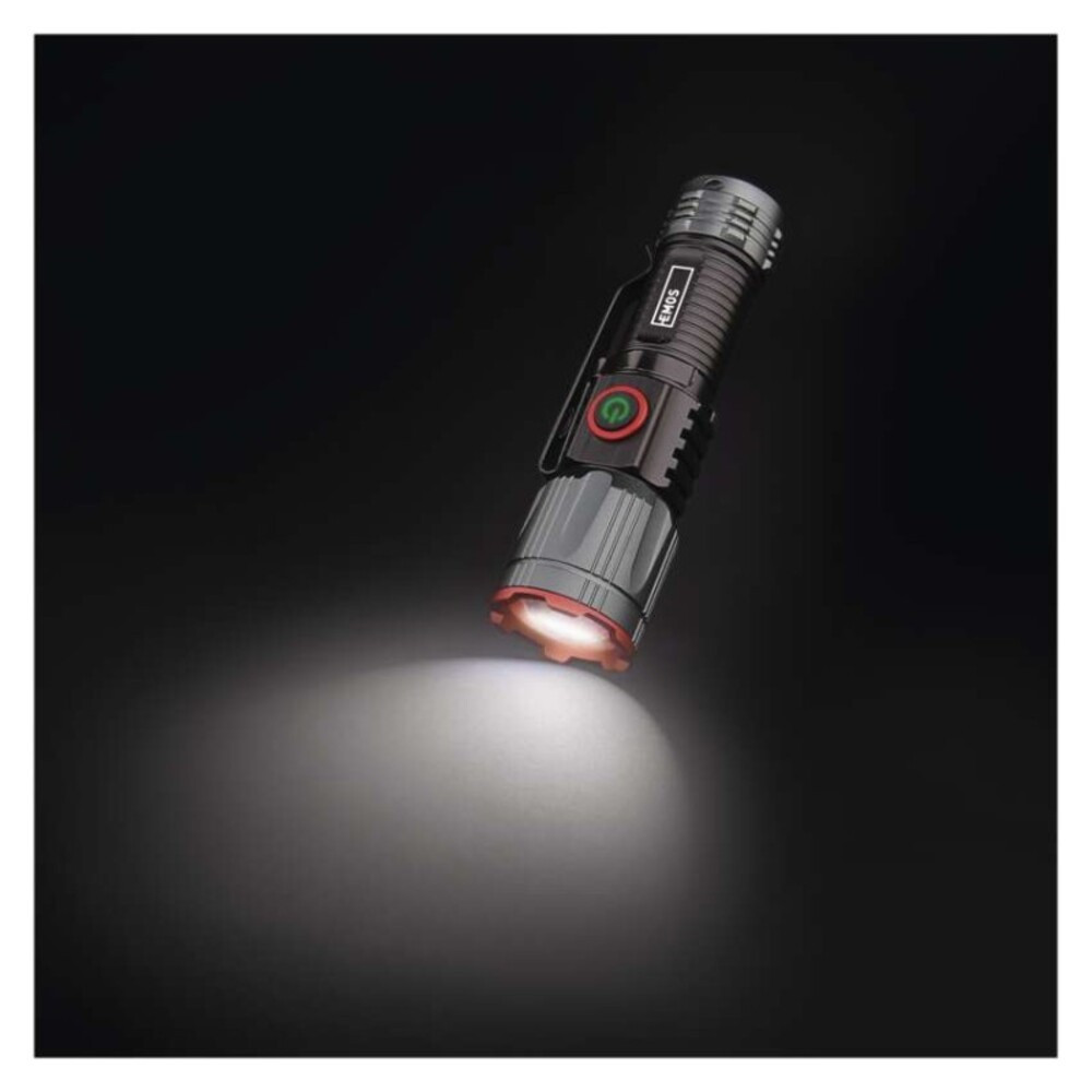 EMOS LED tölthető fém zseblámpa 300 lm, 700 mAh, fekete, metál szürke, IP43, P3120
