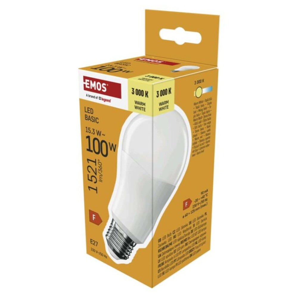 LED izzó Basic A60, E27, 15,3W (100 W), 1521 lm, Meleg fehér, 3000K, 230V, CRI>80, EMOS, ZL5F67