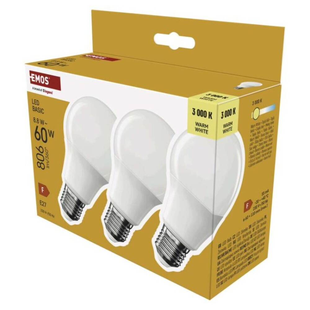 LED izzó Basic A60, E27, 8,8 W (60 W), 806 lm, Meleg fehér, 3000K, 220-240V, CRI>80, EMOS, ZL5F47.3