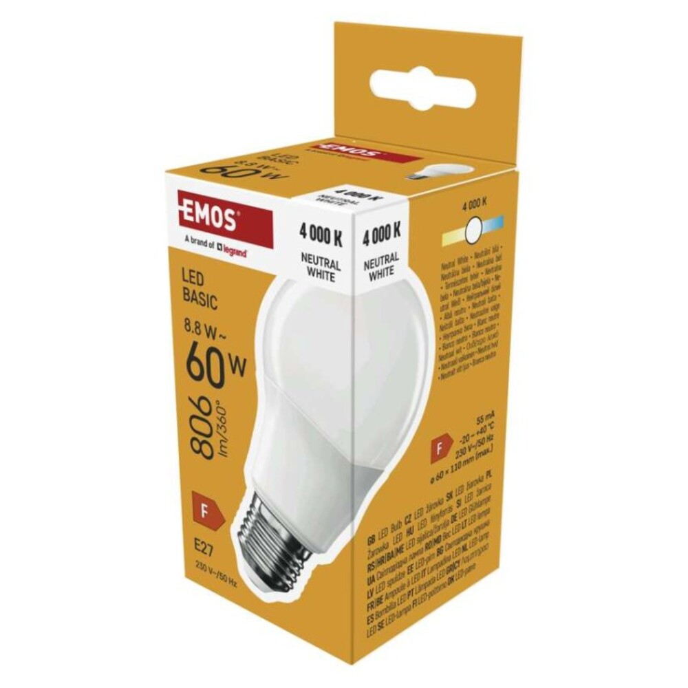 LED izzó Basic A60, E27, 8,8 W (60 W), 806 lm, Természetes fehér, 4000K, 230V, CRI>80, EMOS, ZL5F48