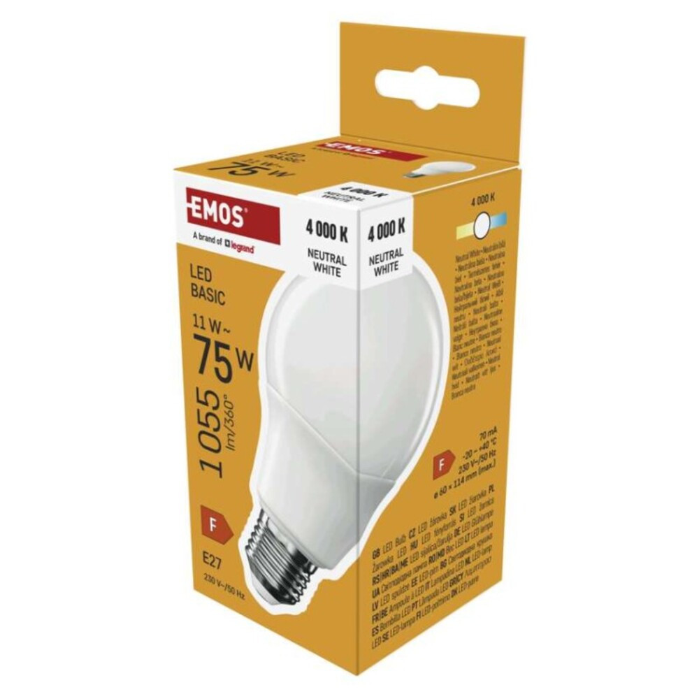 LED izzó Basic A60, E27, 11W (75 W), 1055 lm, Természetes fehér, 4000K, 230V, CRI>80, EMOS, ZL5F58