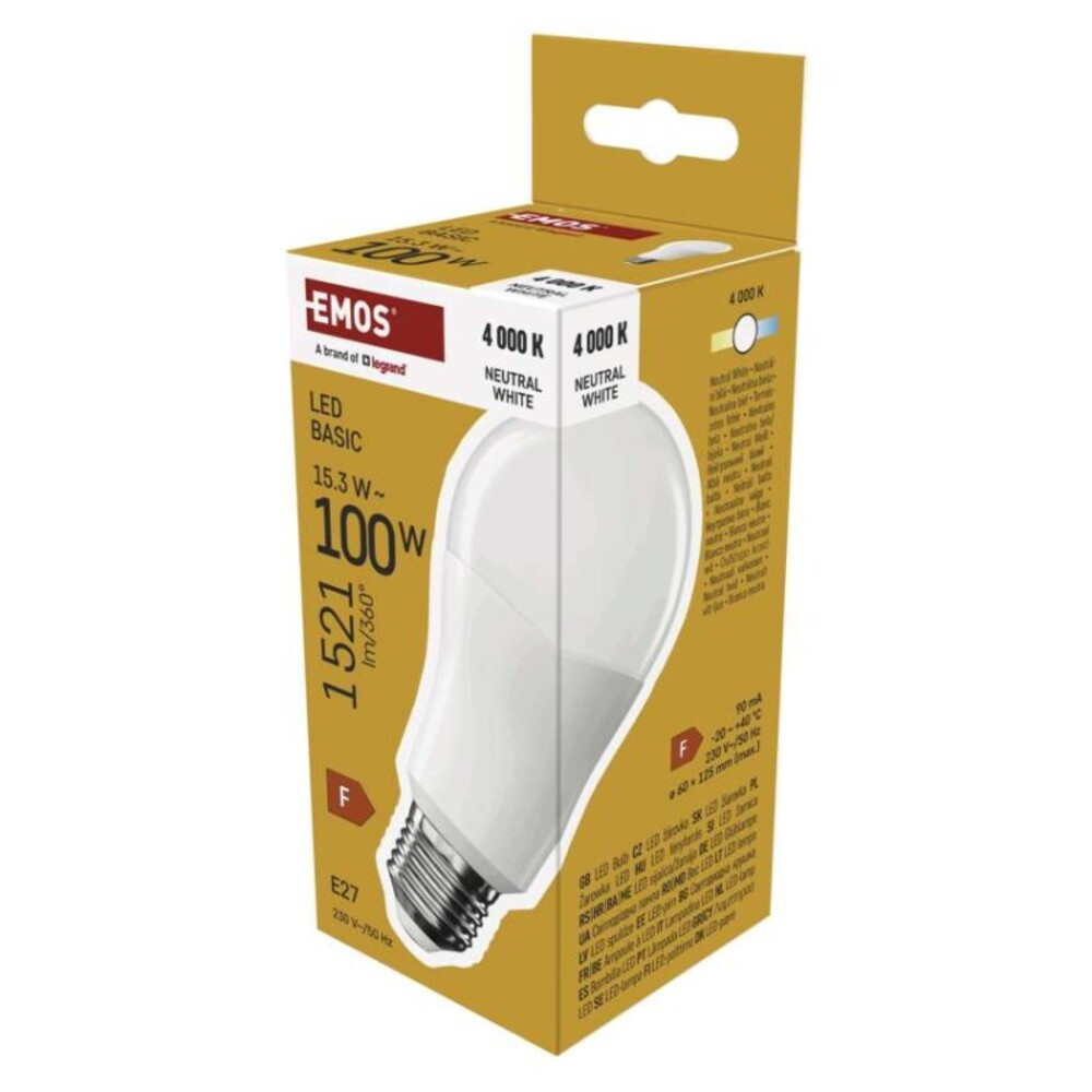LED izzó Basic A60, E27, 15,3W (100 W), 1521 lm, Természetes fehér, 4000K, 230V, CRI>80, EMOS, ZL5F68