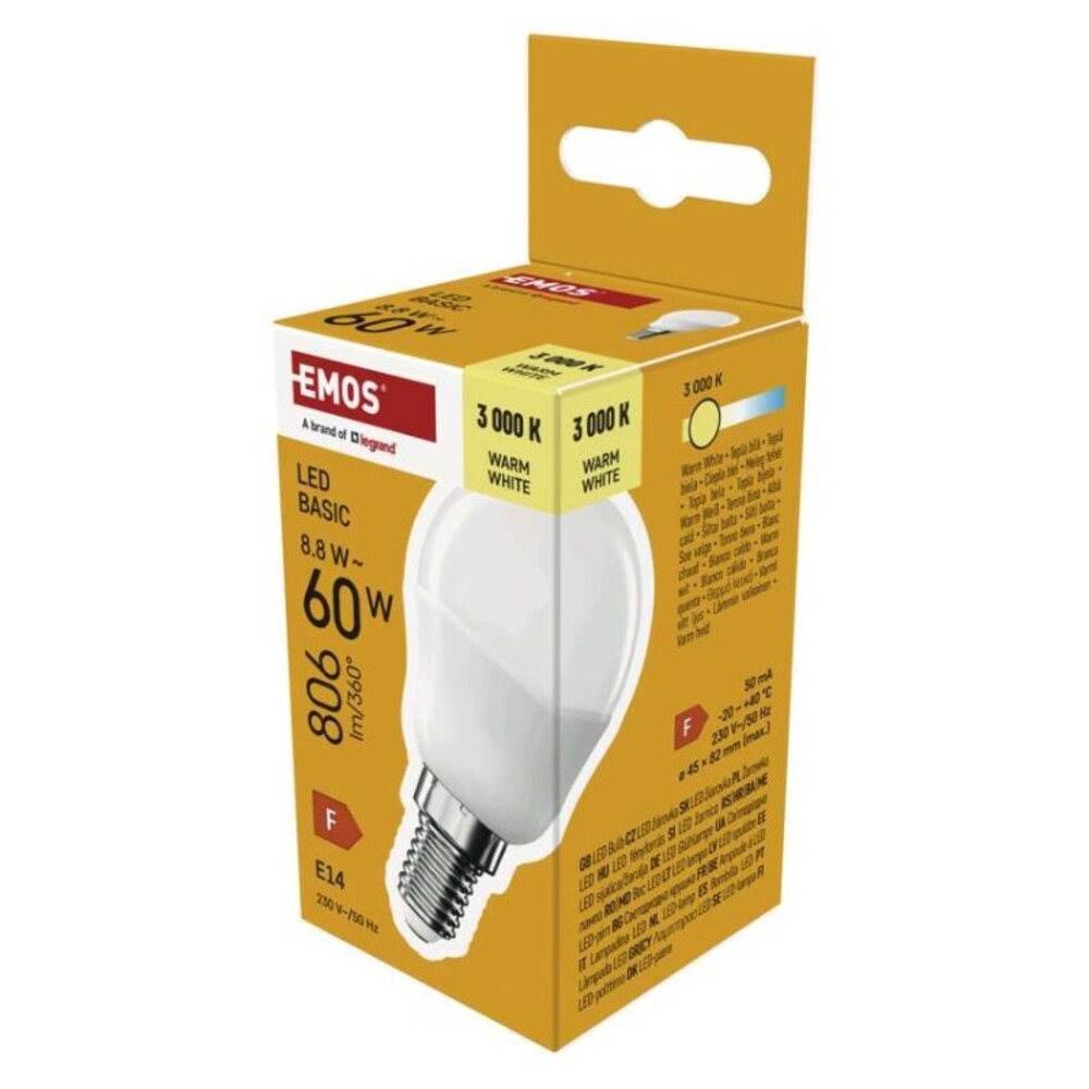 LED izzó Basic MINI GLOBE E14, 8,8 W (60 W), 806 lm, Meleg fehér, 3000K, 230V, CRI>80, EMOS, ZL1F47