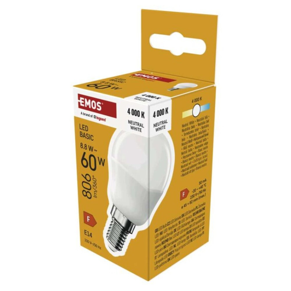 LED izzó Basic MINI GLOBE E14, 8,8 W (60 W), 806 lm, Természetes fehér, 4000K, 230V, CRI>80, EMOS, ZL1F48