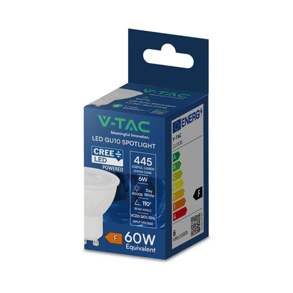 LED spot égő CREE chip, 6w, 4000K, természetes fehér, 445lm, GU10, 110°, fehér, CRI>80, V-TAC, 211936