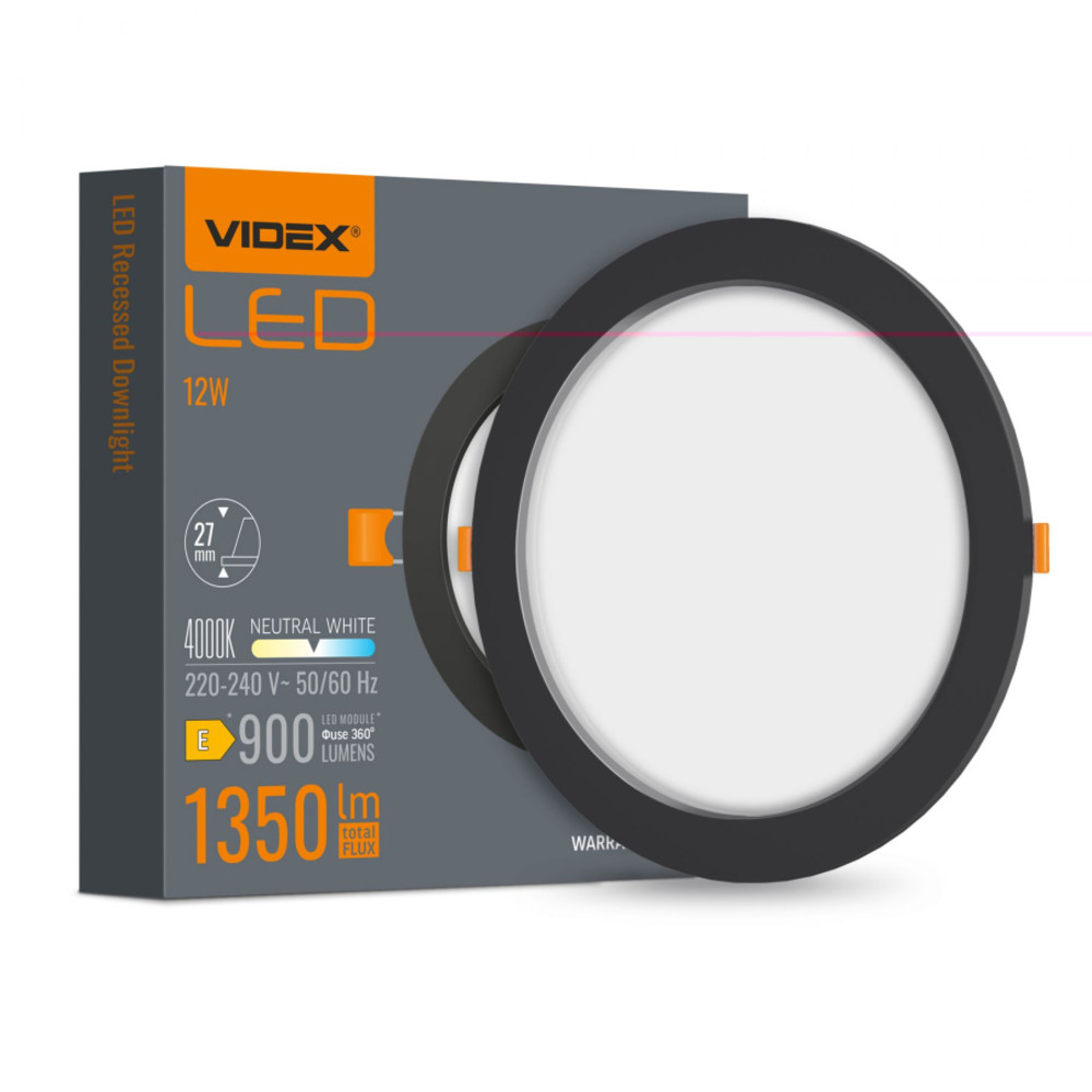 Videx 12 W-os süllyesztett natúr fehér fekete színű kör alakú LED-es mennyezetlámpa