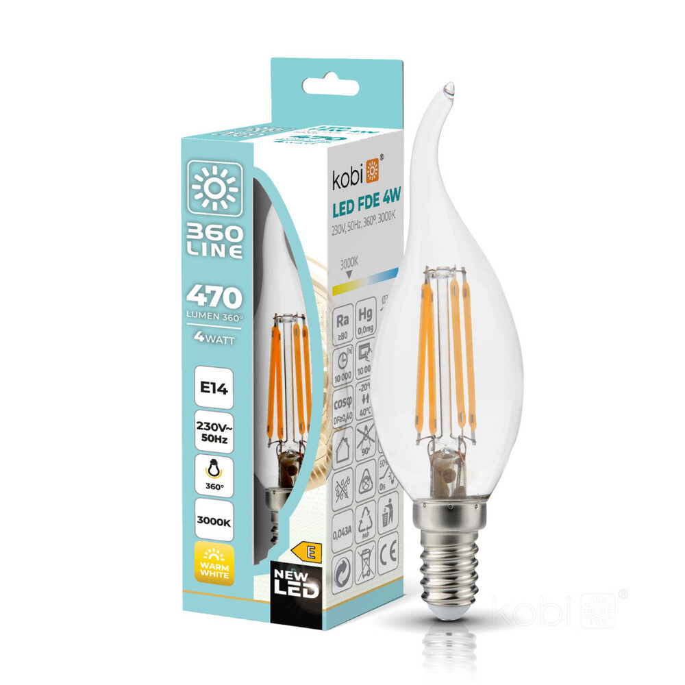LED izzószálas hatású izzó FDE E14 4W 3000K Kobi 360 Line, meleg fehér, 470lm, CRI≥80, KOBI-001134