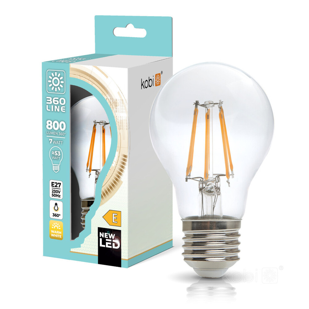 LED izzószálas hatású izzó FGS 7W E27 3000K Kobi 360 Line, meleg fehér, 806lm, CRI≥80, KOBI-001138