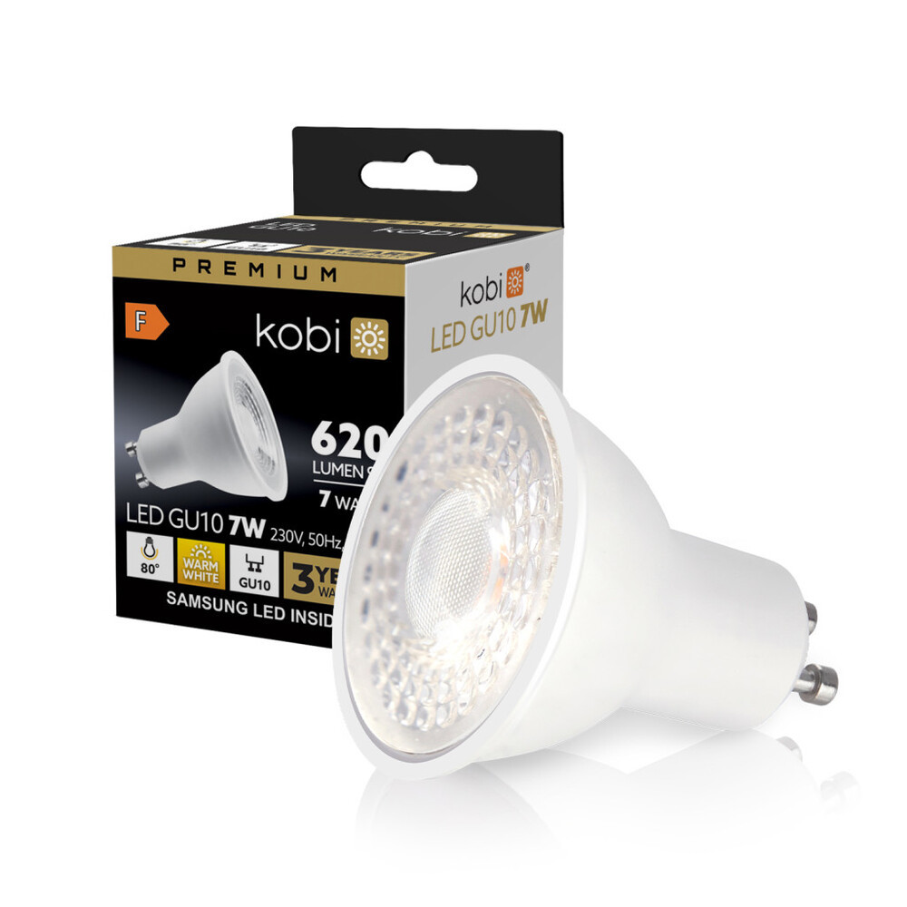 LED izzó GU10 7W 3000K Kobi Prémium, meleg fehér, 630lm, CRI≥80, KOBI-001227