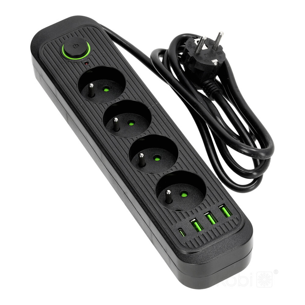 CONNECTO hosszabbító kábel 4 aljzat+USB/1.5m/Zu+W/1.5mm fekete Kobi Design, KOBI-001450