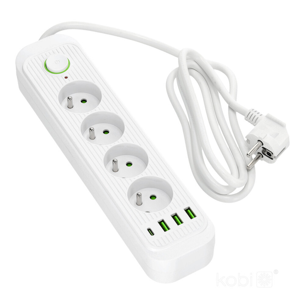 CONNECTO hosszabbító kábel 4 aljzat+USB/1.5m/Zu+W/1.5mm fehér Kobi Design, KOBI-001451