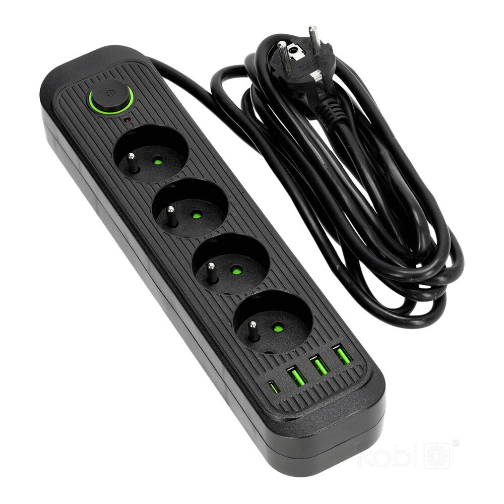 CONNECTO hosszabbító kábel 4 aljzat+USB/3m/Zu+W/1.5mm fekete Kobi Design, KOBI-001452