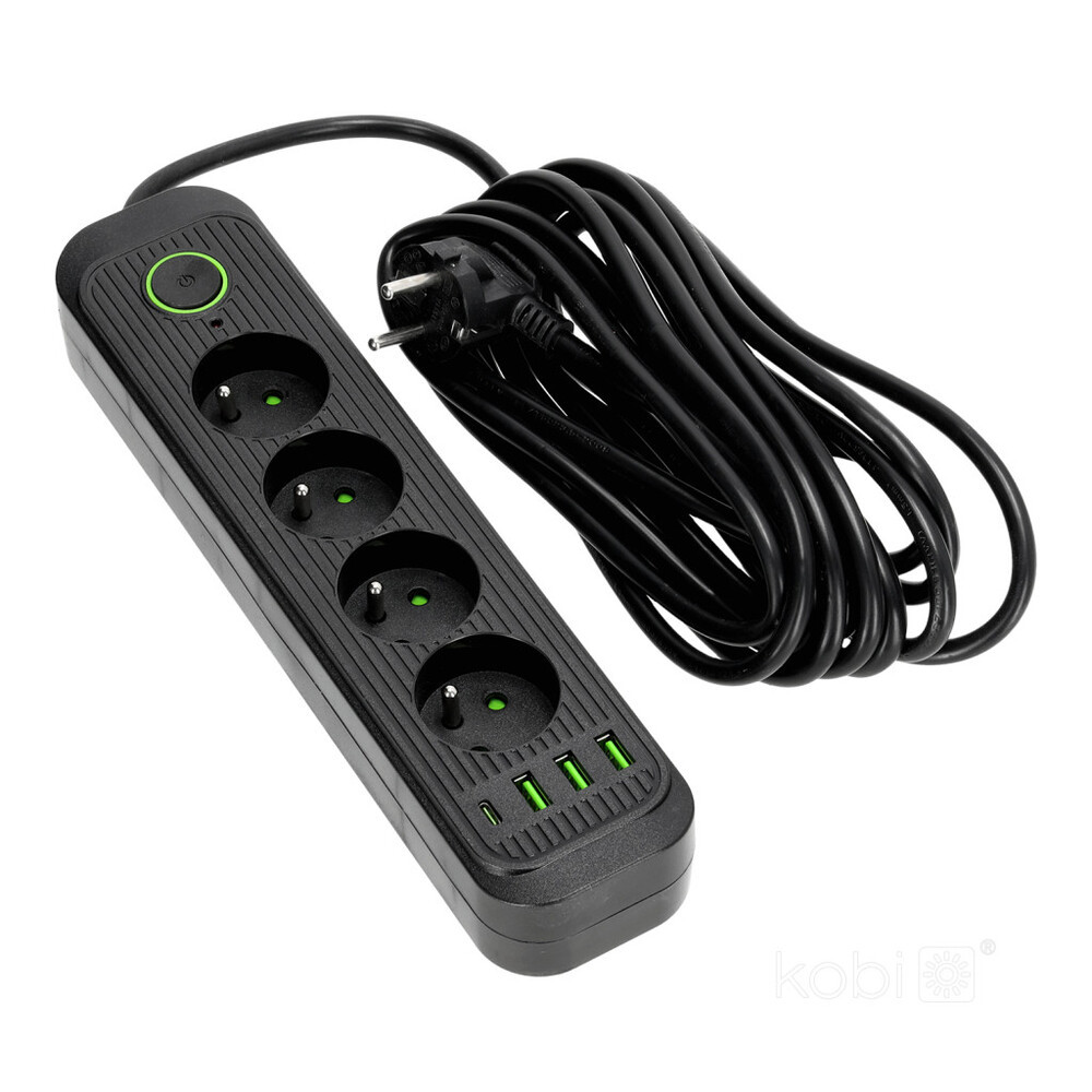 CONNECTO hosszabbító kábel 4 aljzat+USB/5m/Zu+W/1.5mm fekete Kobi Design, KOBI-001454