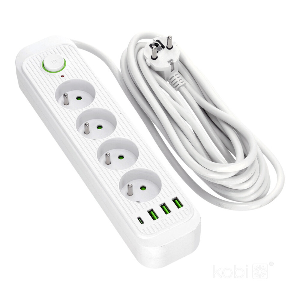 CONNECTO hosszabbító kábel 4 aljzat+USB/5m/Zu+W/1.5mm fehér Kobi Design, KOBI-001455