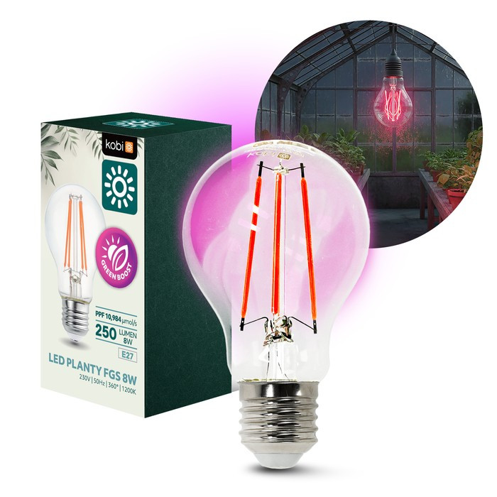 Növénytermesztő LED izzó LED PLANTY FGS 8W E27 1200K – Kobi Design, lila fényű, 250lm, KOBI-001512