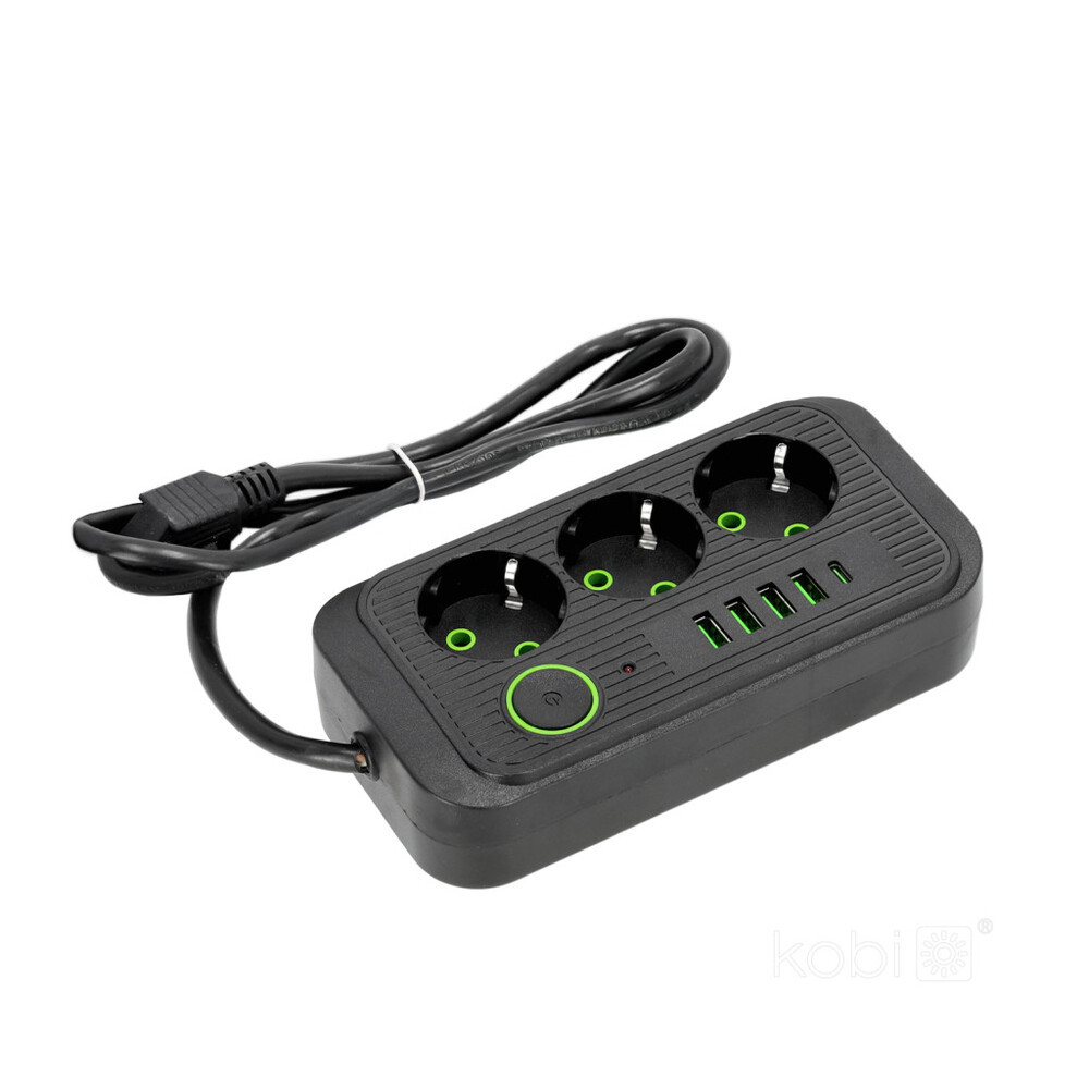 KOBI LINEA PRO hosszabbító kábel 3 aljzat+4USB/1USB-C/1.5m/Zu+W fekete KOBI-001923