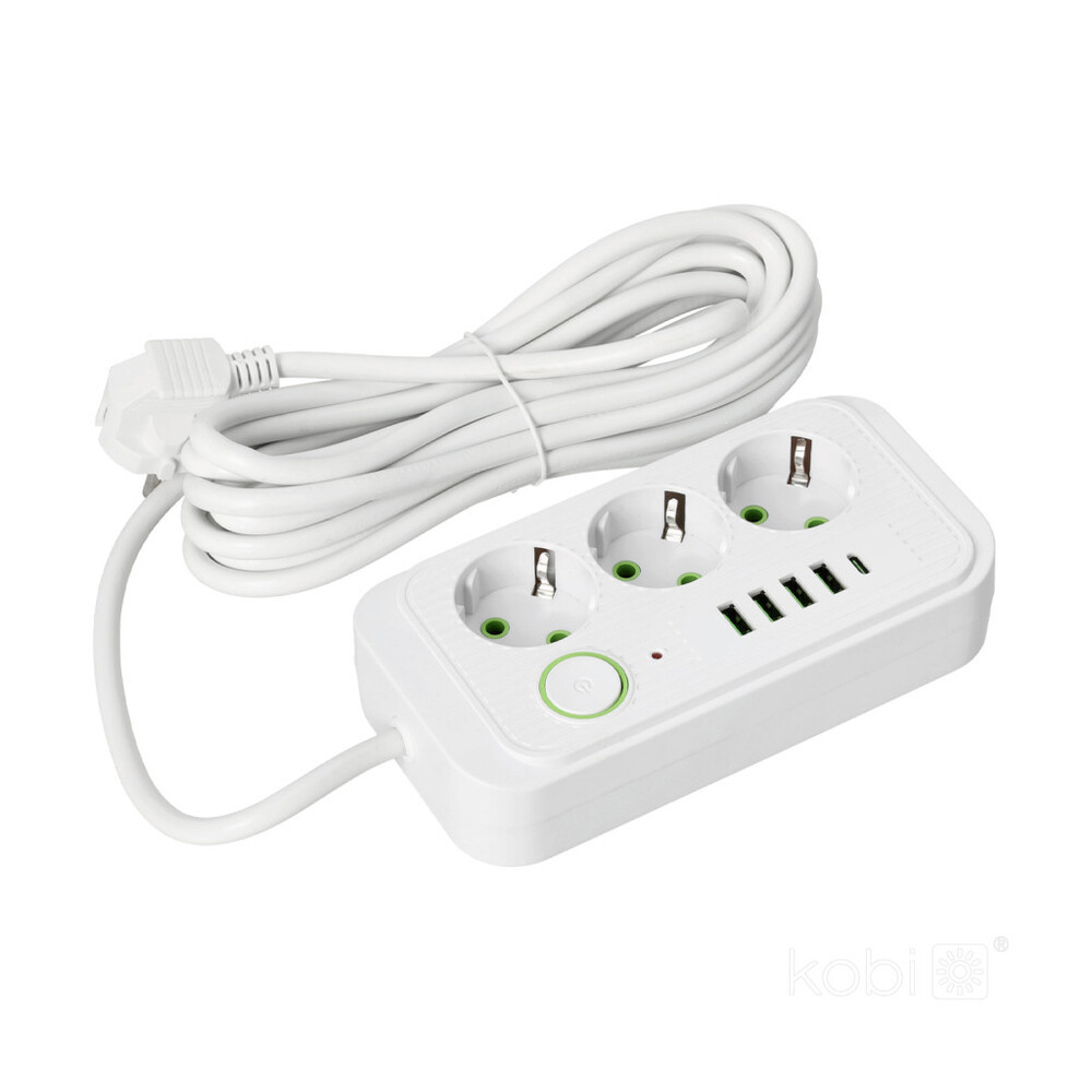KOBI LINEA PRO hosszabbító kábel 3 aljzat+4USB/1USB-C/5m/Zu+W fehér KOBI-001926