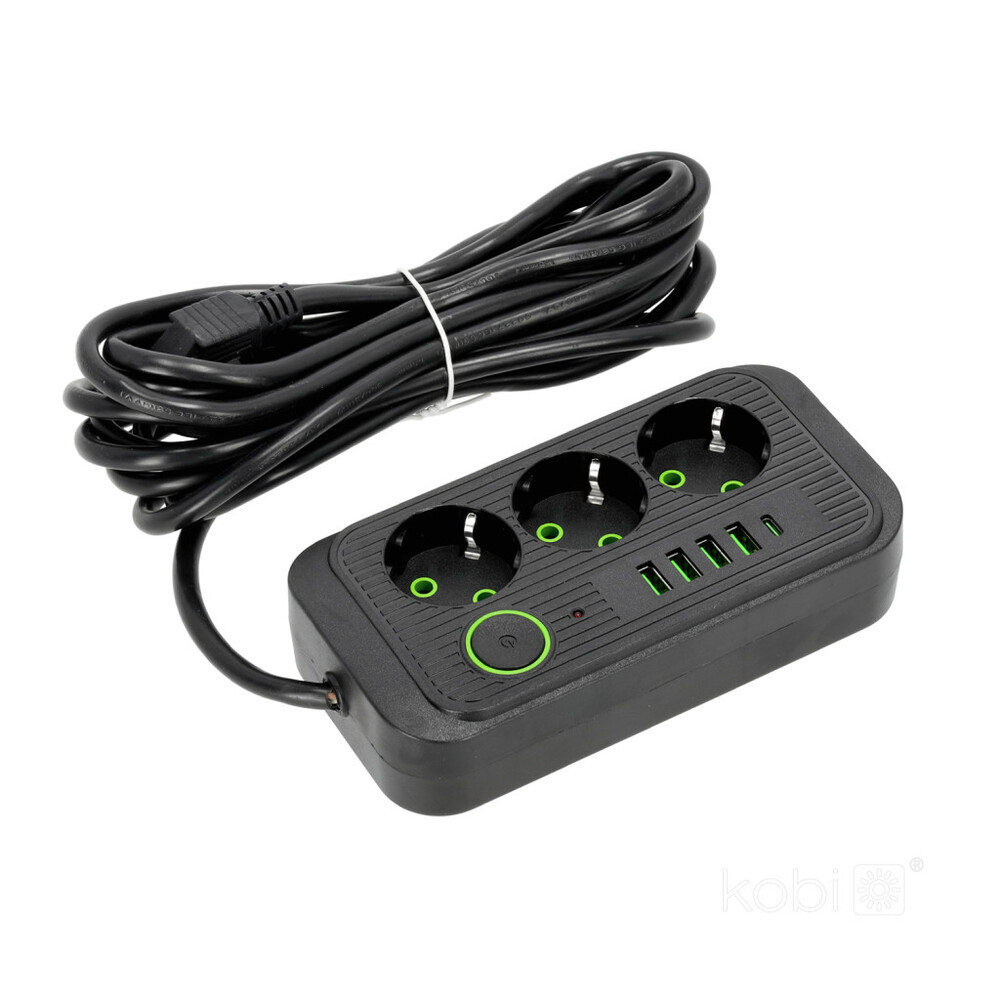 KOBI LINEA PRO hosszabbító kábel 3gn+4USB/1USB-C/5m/Zu+W fekete KOBI-001927