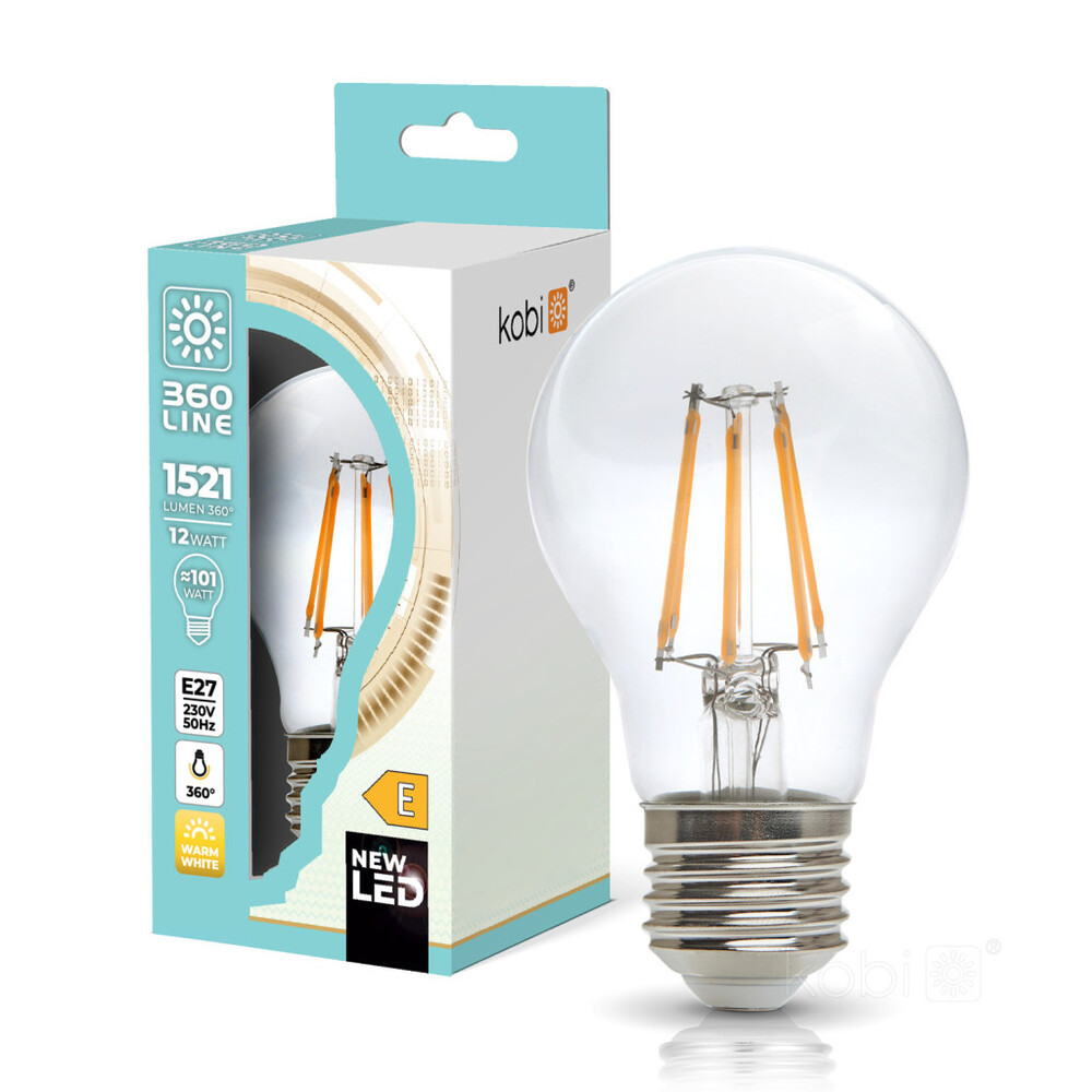 LED izzószálas hatású izzó FGS 12W E27 3000K Kobi 360 Line, meleg fehér, 1521lm, CRI≥80, KOBI-004085