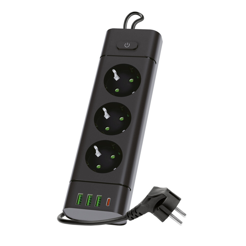 KOBI LINEA PRO XC hosszabbító kábel 3 aljzat+3 USB/1 USB-C/1.5m/Zu+W fekete KOBI-004205