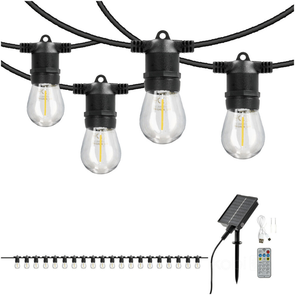 Napelemes GARLAND LED fényfüzér STARLIGHT NEO 10m 20x0.042W E27 LED2B, 1W, 2700K, meleg fehér, CRI≥80, IP54, KOBI-004522