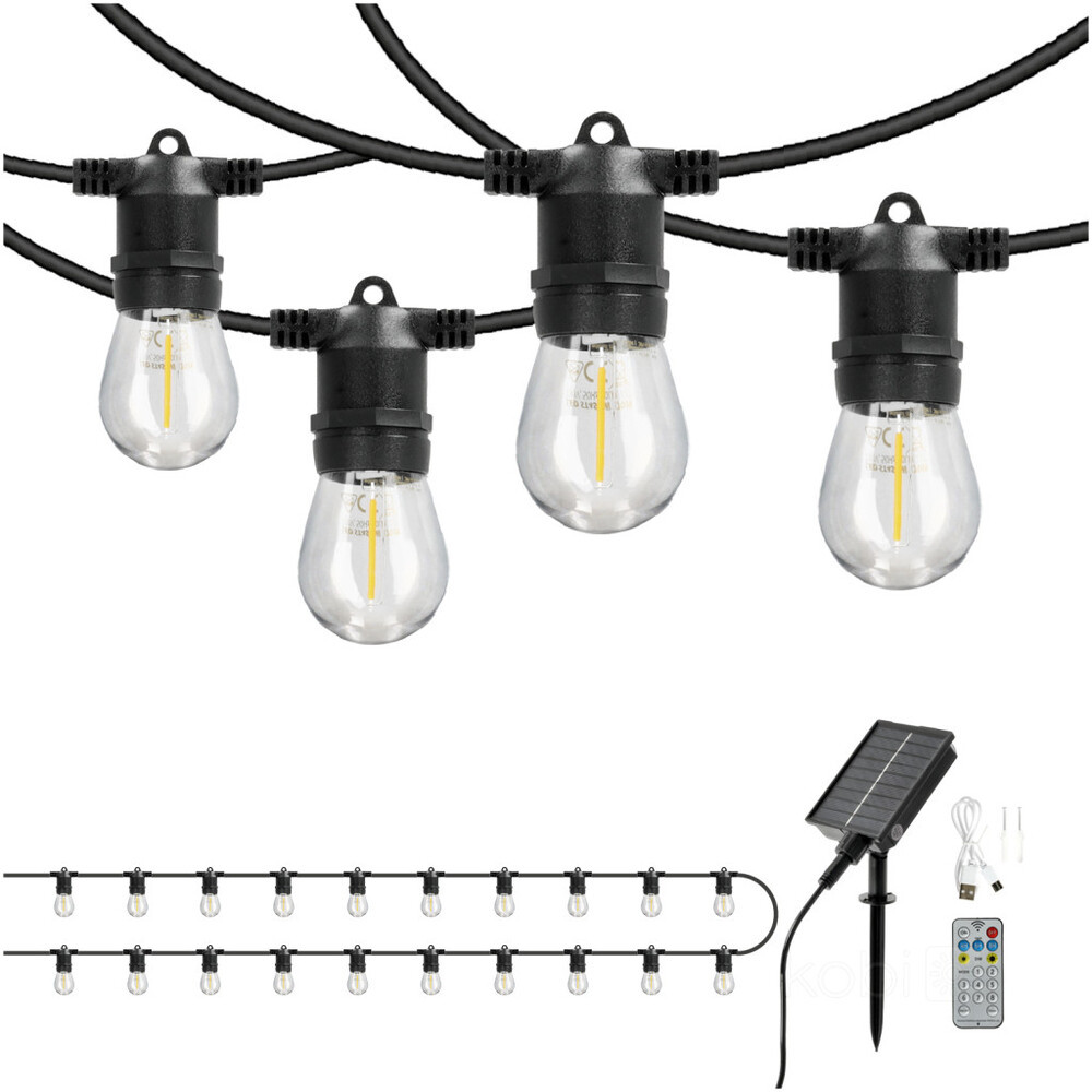 Napelemes GARLAND LED fényfüzér STARLIGHT NEO 20m 20x0.042W E27 LED2B, 1W, 2700K, meleg fehér, CRI≥80, IP54, KOBI-004523