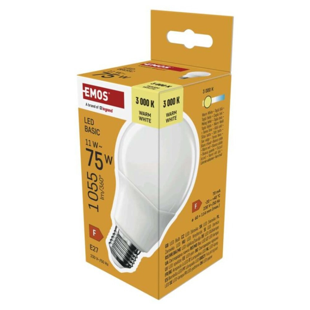 LED izzó Basic A60, E27, 11W (75 W), 1055 lm, Meleg fehér, 3000K, 230V, CRI>80, EMOS, ZL5F57