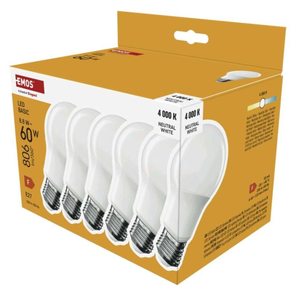 LED izzó Basic A60, E27, 8,8 W (60 W), 806 lm, Természetes fehér, 4000K, 230V, CRI>80, EMOS, ZL5F48.6