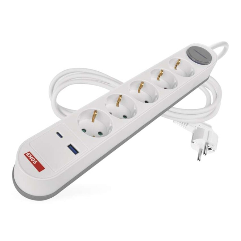 Hosszabbító 3 m, 5 aljzat, kapcsolós, fehér-szürke, 1×USB-A + 1×USB-C, 1,5 mm2, fehér, szürke, EMOS, P1523FC