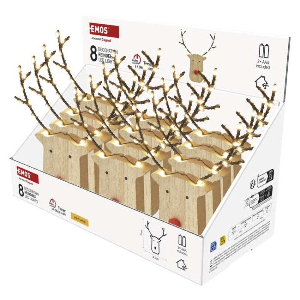 LED dekoráció, fa -rénszarvas, 16 cm, 2x AAA, beltéri, meleg fehér, időzítő, 12db, display, IP20, EMOS, DCWW42
