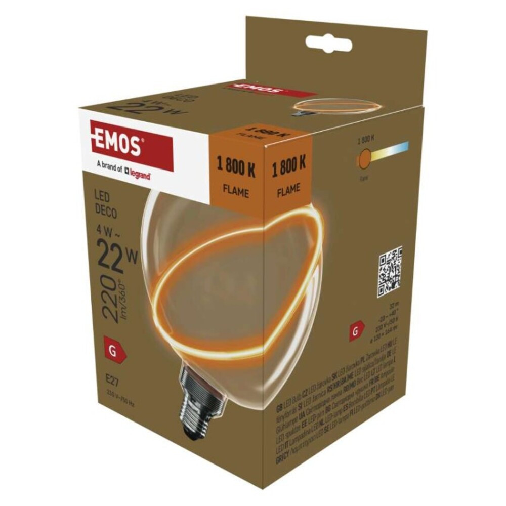 LED izzó DECO G130SRA, E27, 4 W (22 W), 220 lm, borostyán, 1800K, 230V, CRI>80, EMOS, Z5CS11