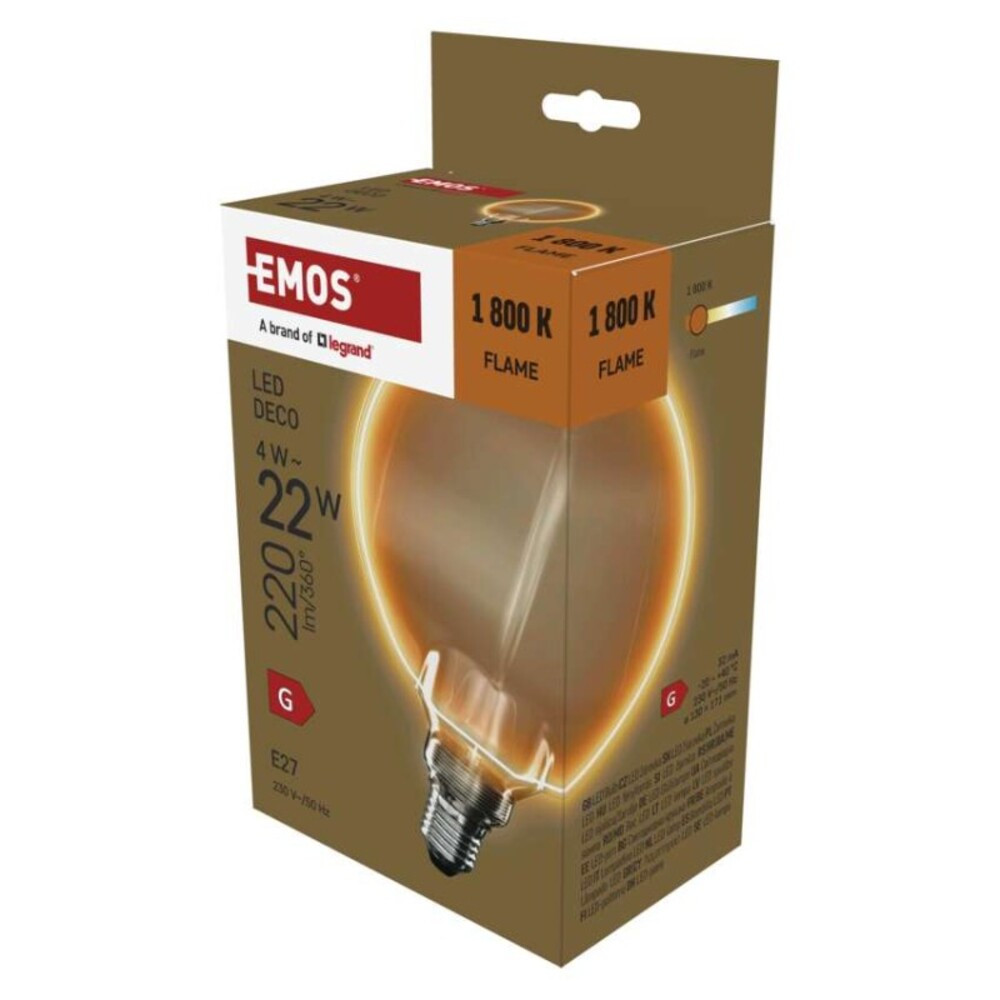 LED izzó DECO G130OA, E27, 4 W (22 W), 220 lm, borostyán, 1800K, 230V, CRI>80, EMOS, Z5BO11