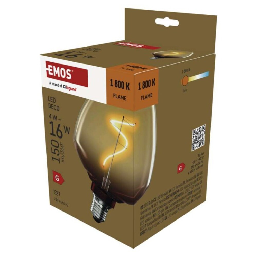 LED izzó DECO S123/ E27, 4 W (16 W), 150 lm, borostyán, 1800K, 230V, CRI>80, EMOS, Z59G01