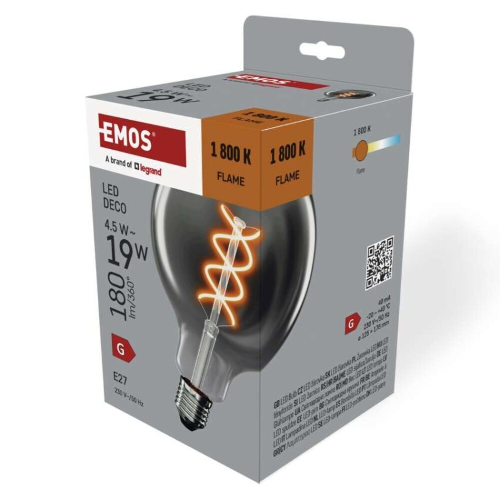 LED izzó DECO SMOKED G125, E27, 4,5 W (19 W), 180 lm, borostyán, 1800K, 230V, CRI>80, EMOS, Z58311