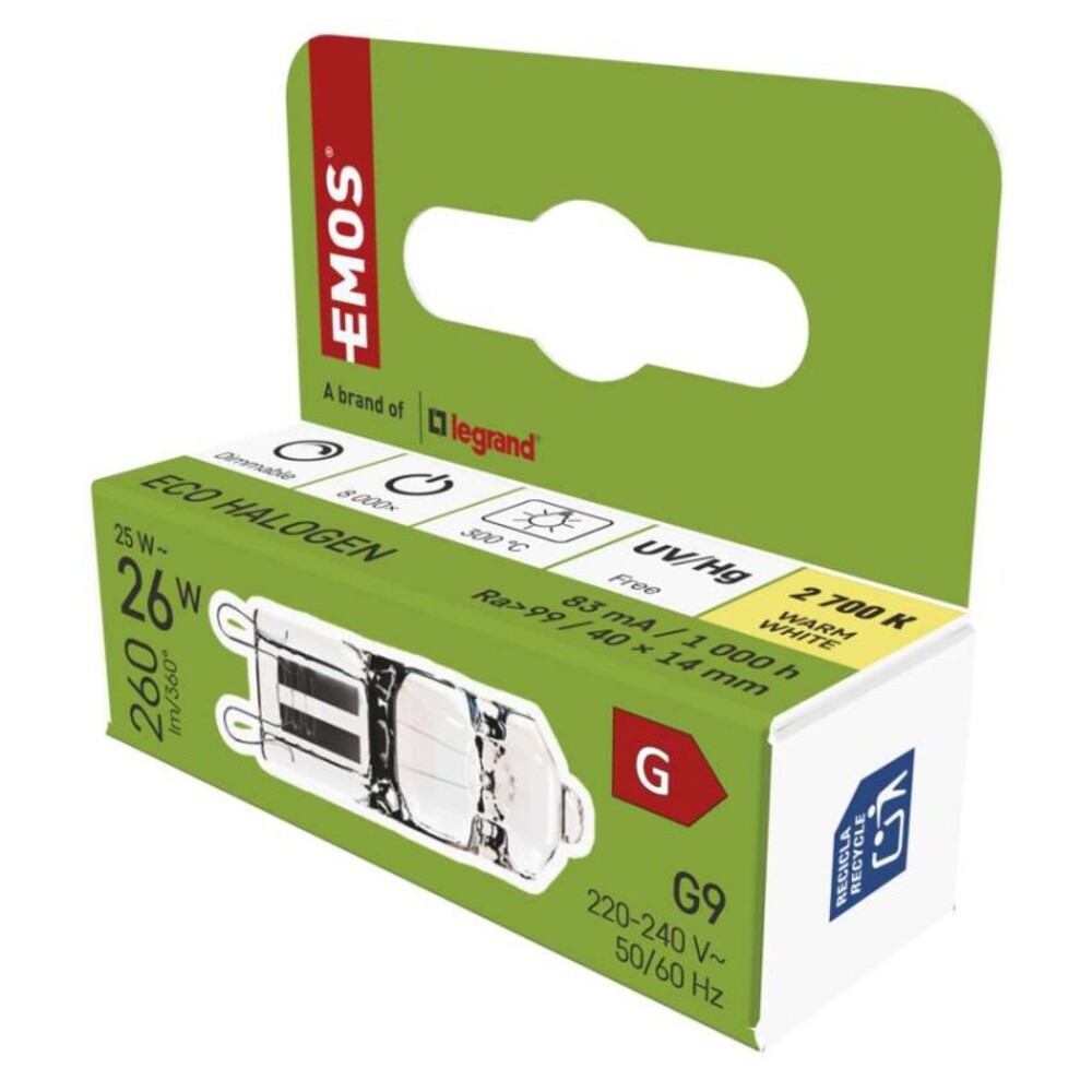 EMOS halogén izzó JC G9 25W 260lm, 2700K, 230V, CRI> 99,9, dimmelhető, Meleg fehér, ZE0304
