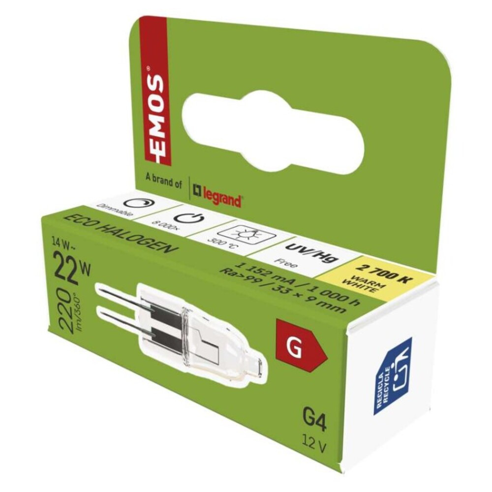 EMOS halogén izzó JC G4 14W 160lm, 2700K, 220, 12V, CRI> 99,9, dimmelhető, Meleg fehér, ZE0505A