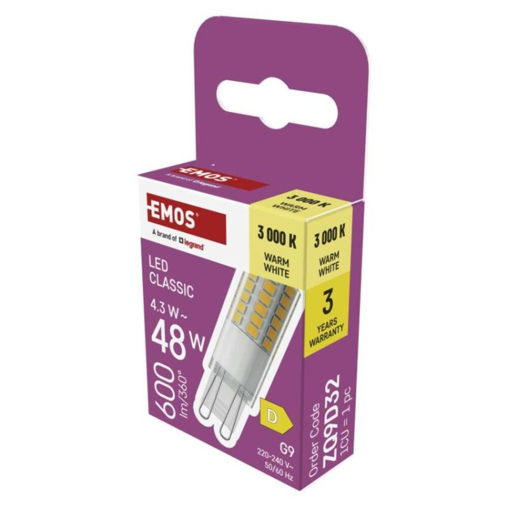 LED izzó Classic JC, G9, 4,3 W (48 W), 600 lm, Meleg fehér, 3000K, 220-240V, CRI>80, EMOS, ZQ9D32