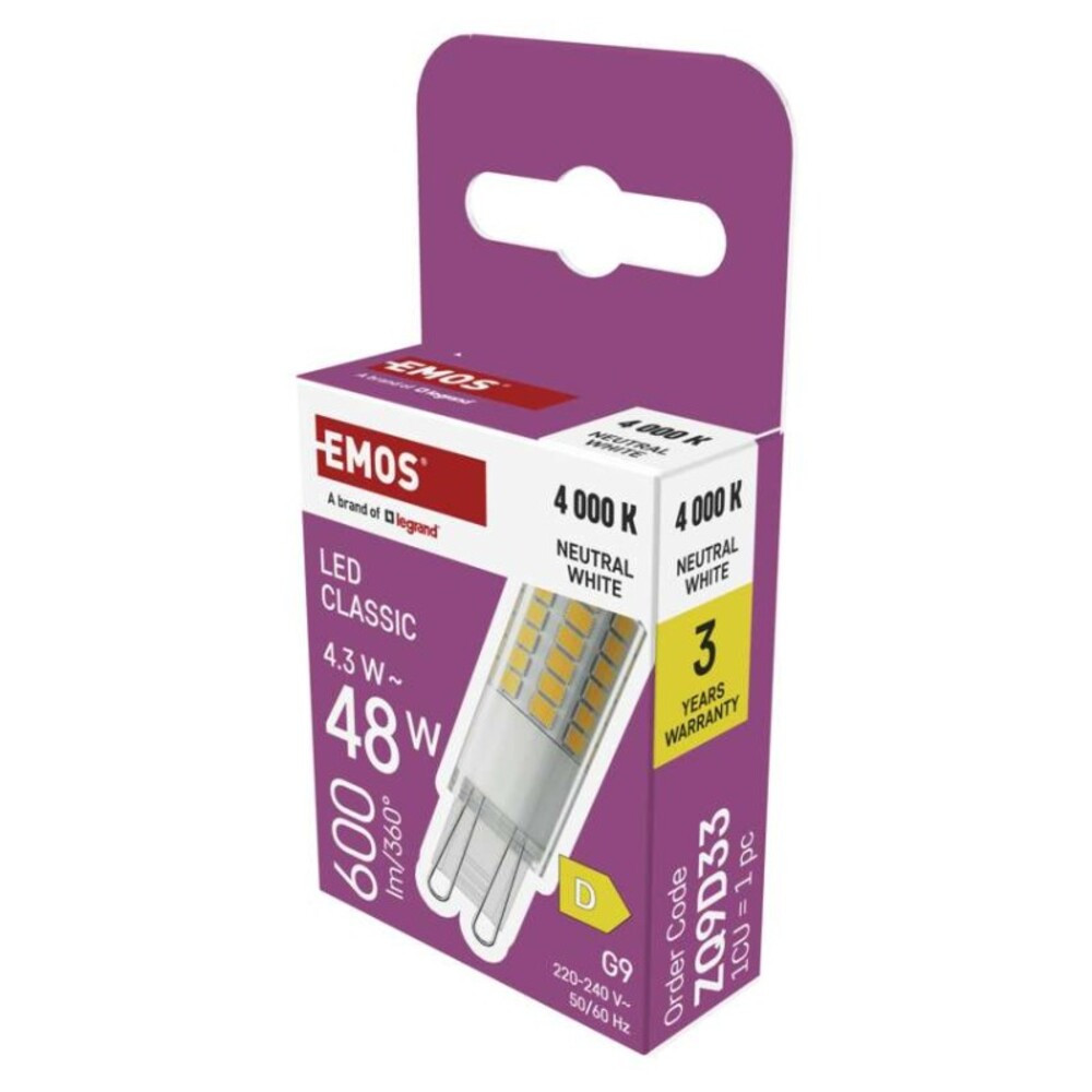 LED izzó Classic JC, G9, 4,3 W (48 W), 600 lm, Természetes fehér, 4000K, 220-240V, CRI>80, EMOS, ZQ9D33